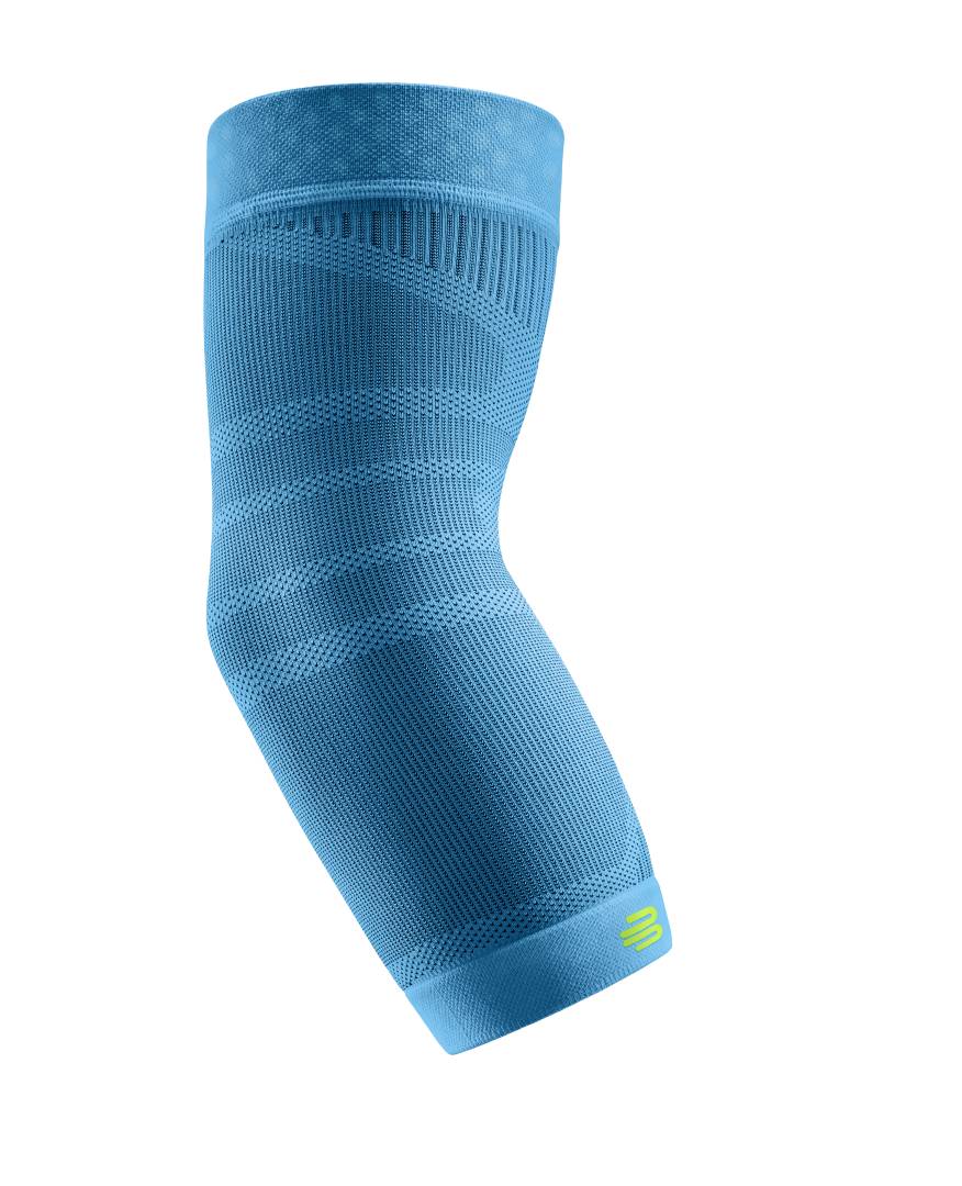 Bauerfeind Sports Compression Elbow Support in Rivera color. This elbow brace provides targeted compression and stability to prevent injuries during sports and enhance performance.