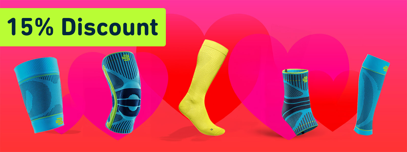 Valentine's Day banner with discount on various Bauerfeind Sports products