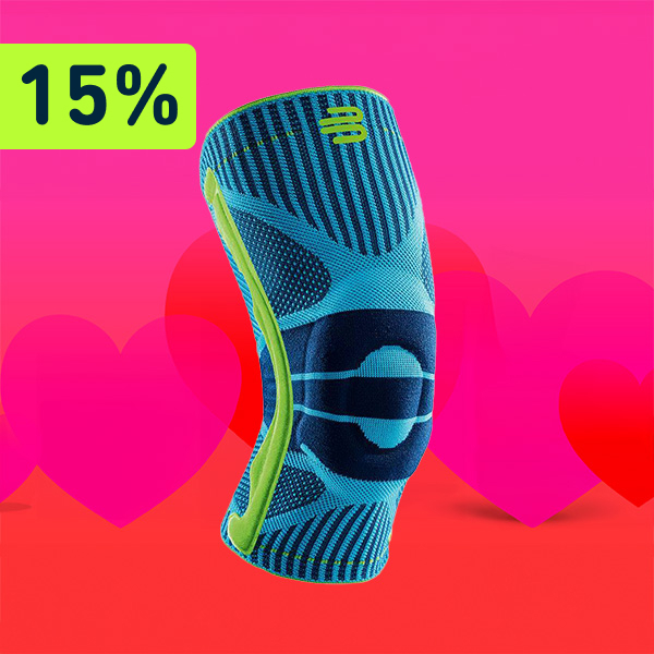 A red and pink background with the ‘Sports Knee Support’ in the centre. Above this is a reference to a 15 % discount. 