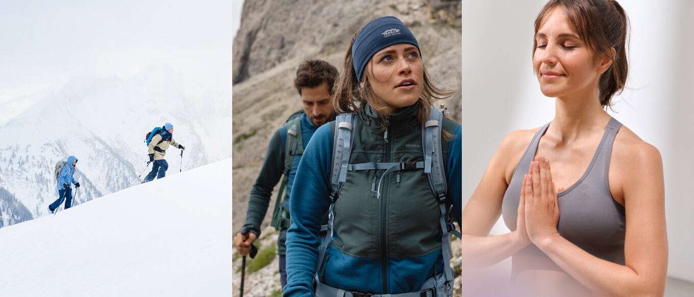 Graphic without text: Ski tourers, a hiker, and a woman in a yoga pose.