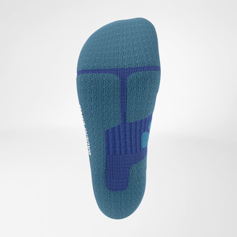 View of the merino hiking socks from below in dark blue