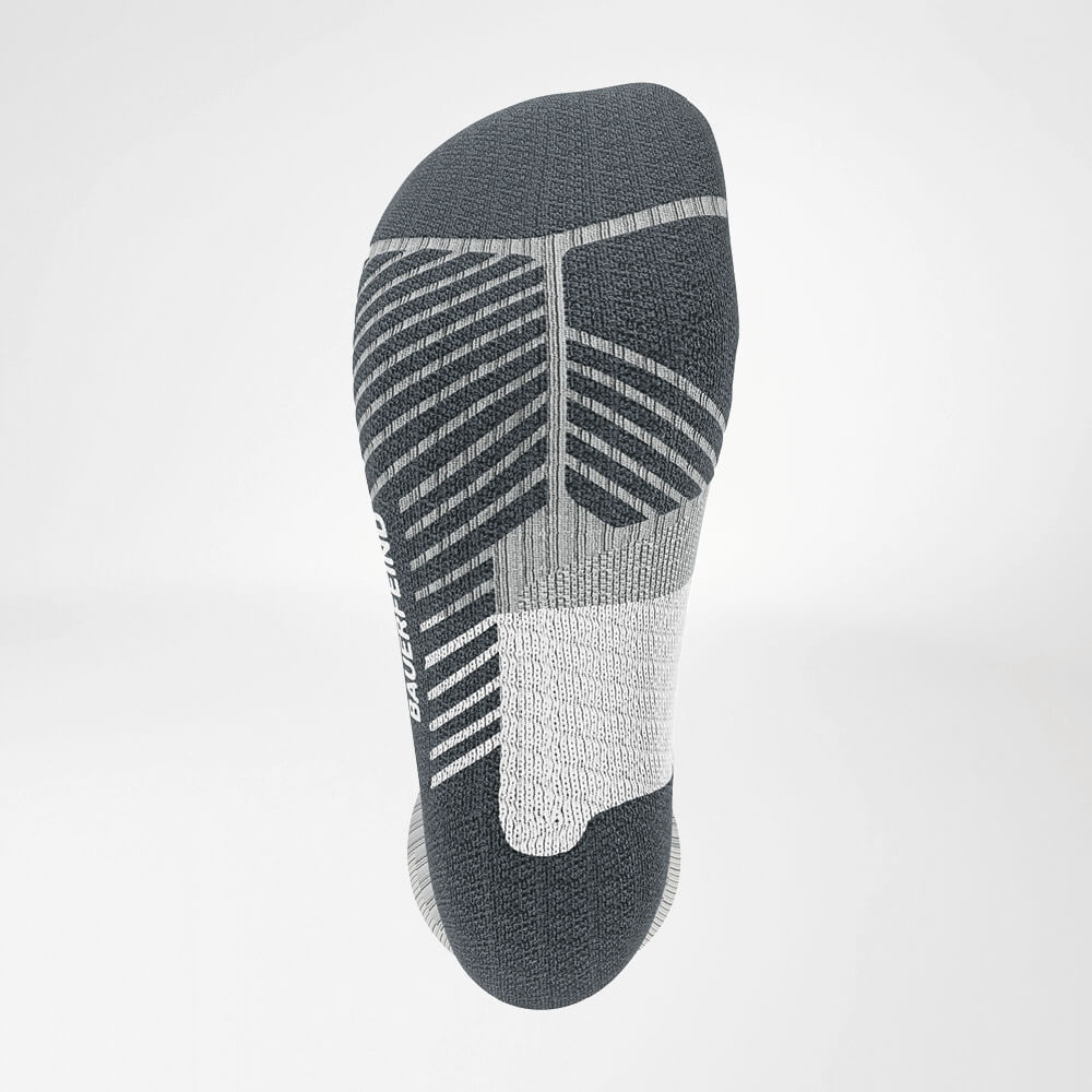 View from below - detailed view of the relief brine of the trail run - running socks gray -white