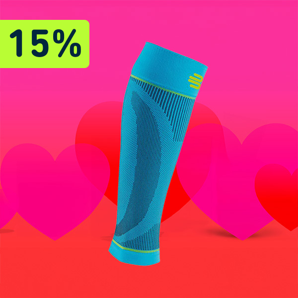 A red and pink background with the ‘Sports Compression Sleeves Lower Leg’ in the centre. Above this is a reference to a 15 % discount. 